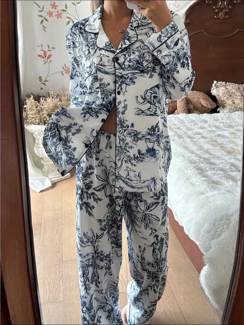 White and Navy Toile Print Pajama Set